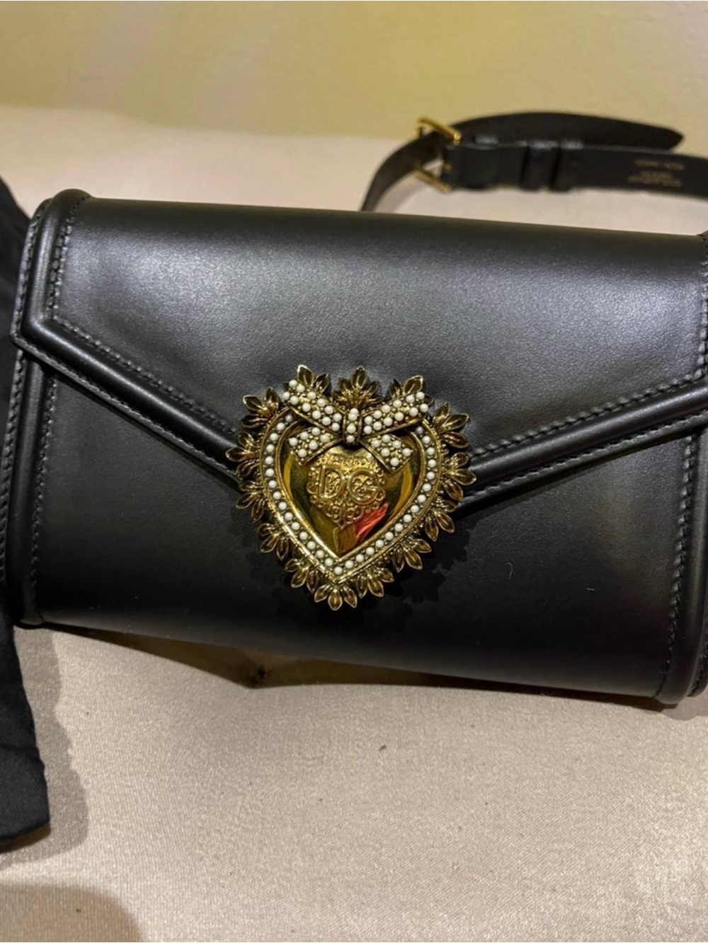Dolce & Gabbana Black Leather  waist /belt bag with Gold Heart Emblem